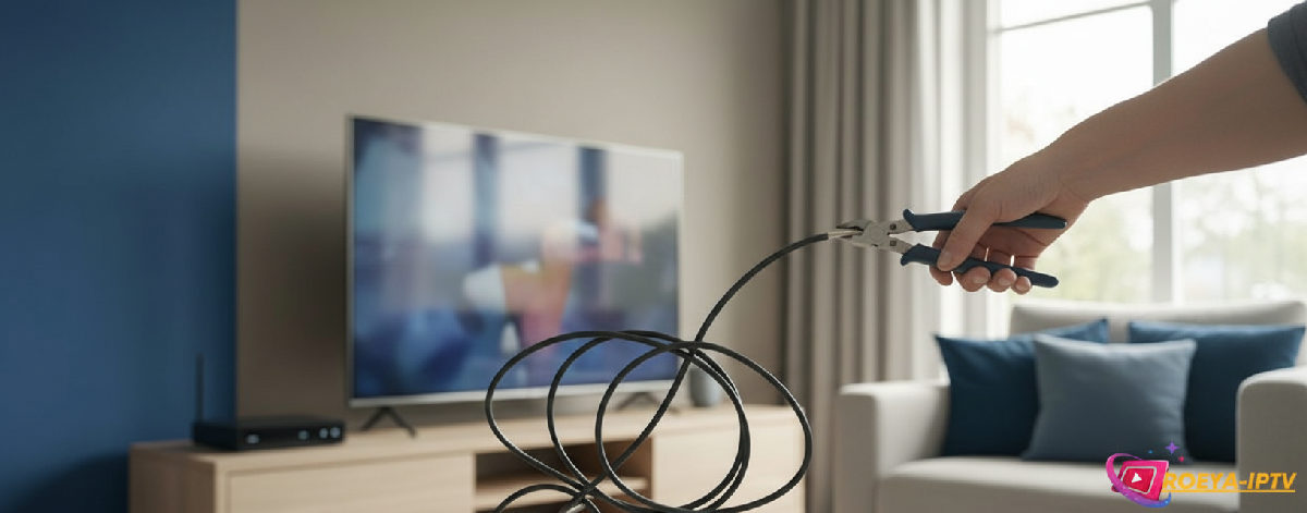 A hand holding a remote, choosing between IPTV and cable.